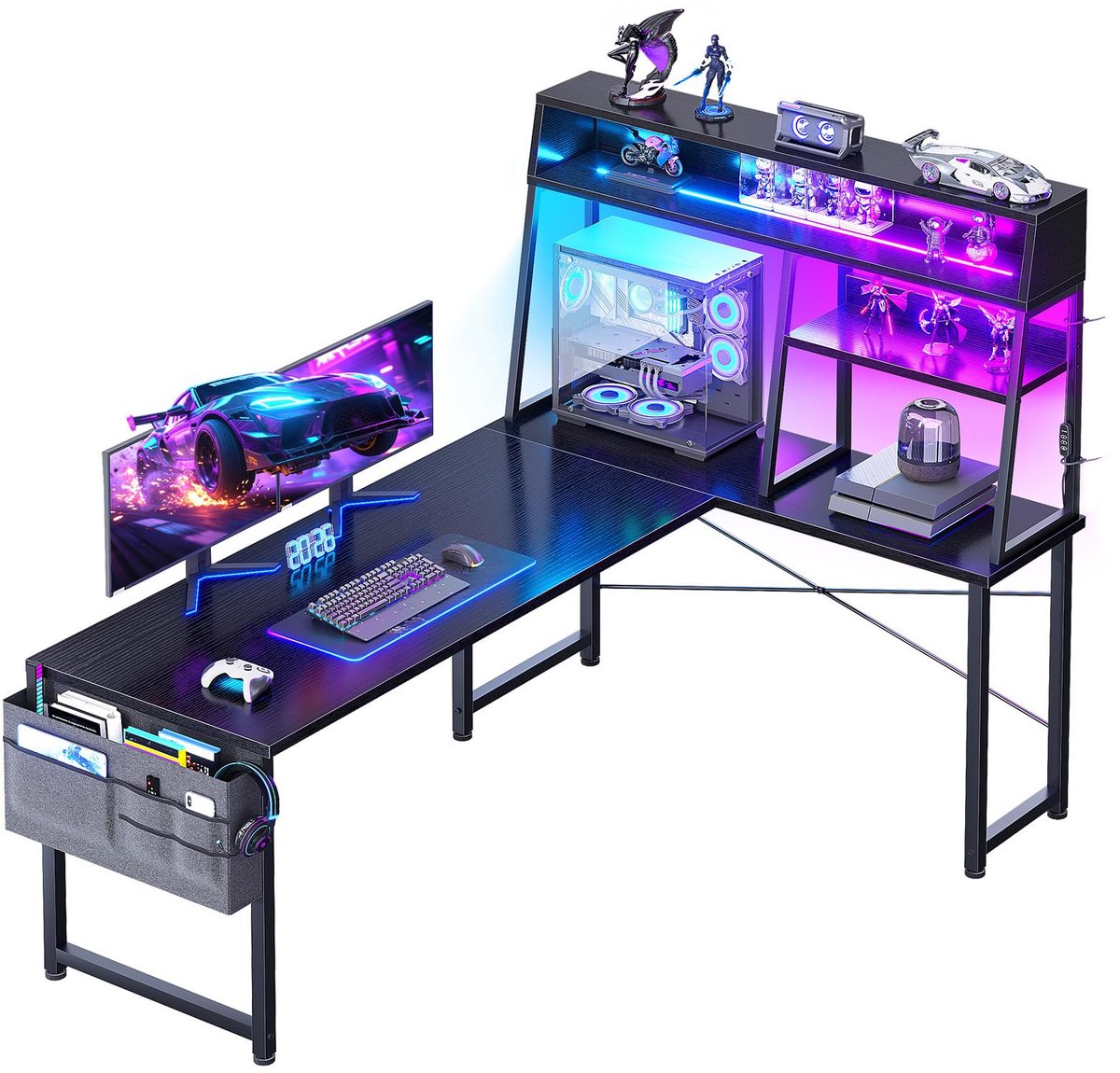 L-vormig Gaming Bureau 130 x 100 cm - Omkeerbaar Hoekbureau met LED-Verlichting - Computertafel met Planken, Opbergtas en Haak - Zwart