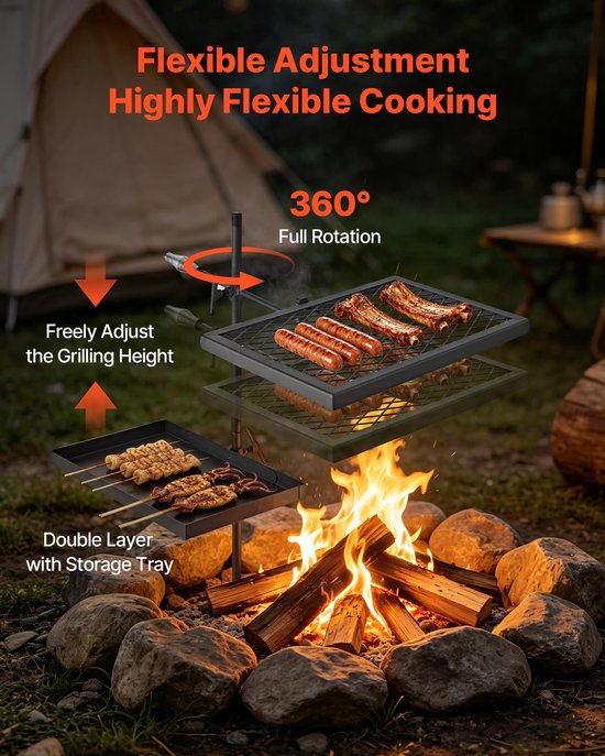 VEVOR draaibare kampvuurgrill met grillrooster en bakplaat van koolstofstaal, 360° in hoogte verstelbare draaibare grill met grillstandaard, roterende buitengrill voor open vuur, kamperen en tuinieren van VEVOR — afbeelding 4
