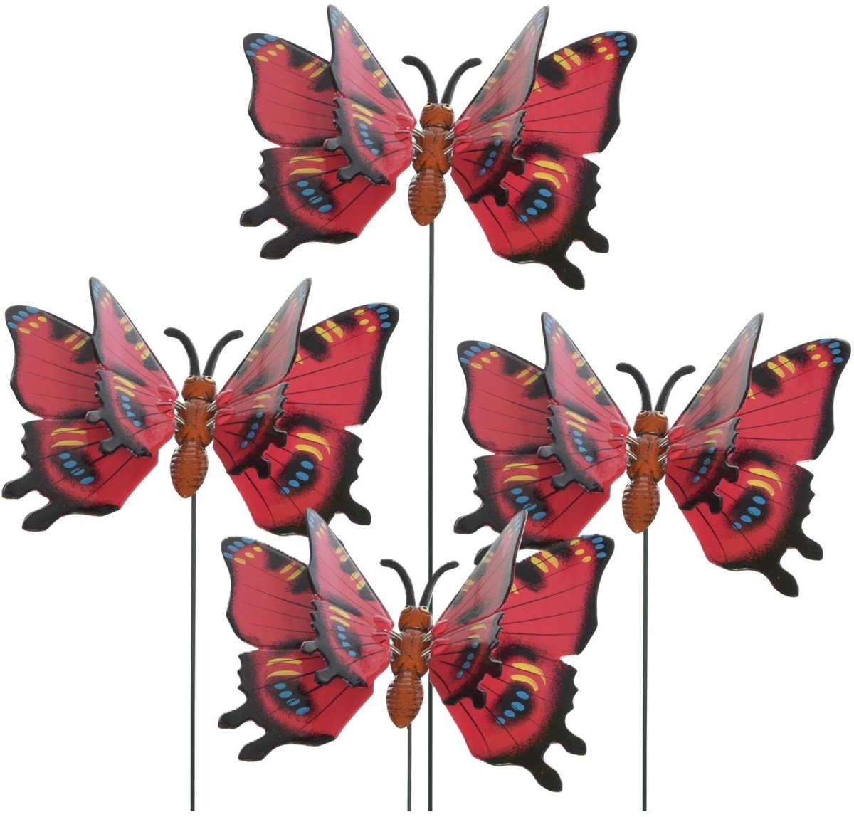 Decoris tuin deco vlinder op stok - 4x - rood - metaal - 17 x 60 cm - dieren decoraties - bewegend