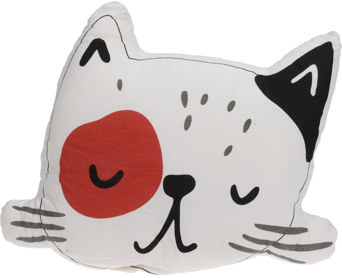 Home & Styling Dieren sierkussen kinderkamer - Katje / poes - wit/zwart - 35 x 40 x 8 cm - polyester