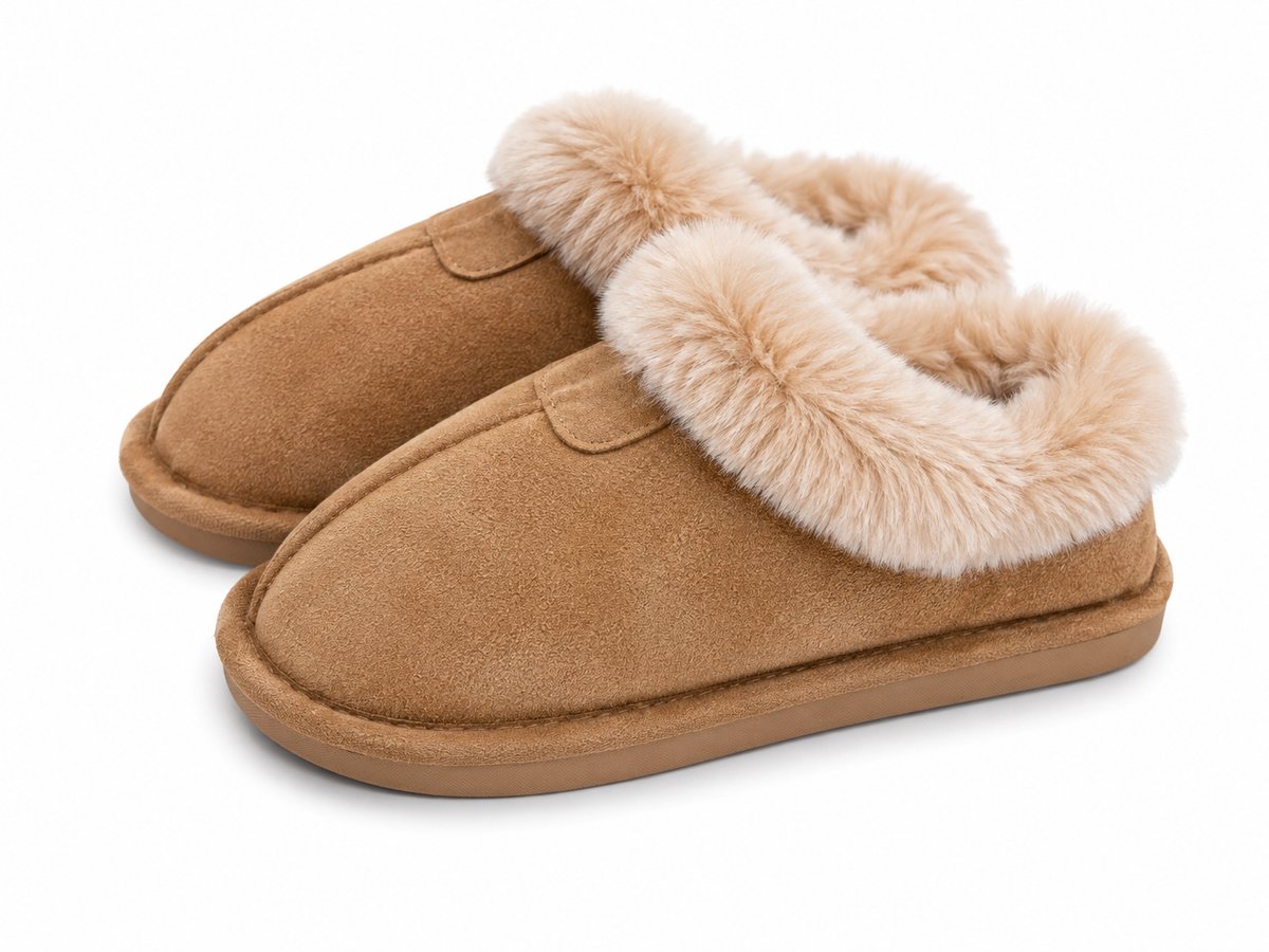 Dames Pantoffels – Warme Sloffen met Zachte Bontkraag – Suède Look – Comfortabele Huisschoenen – Maat 40 - Beige -