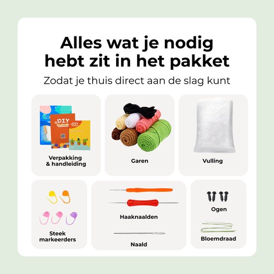 Inhoud van crochet pakket: verpakking, handleiding, garens, vulling, steekmarkeerders, naald en haaknaalden.