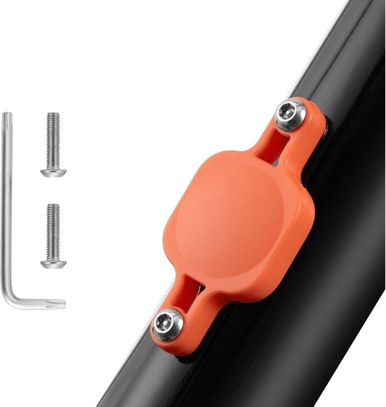 Oranje AirTag beschermhoes gemonteerd op fietsframe met schroeven en inbussleutel.