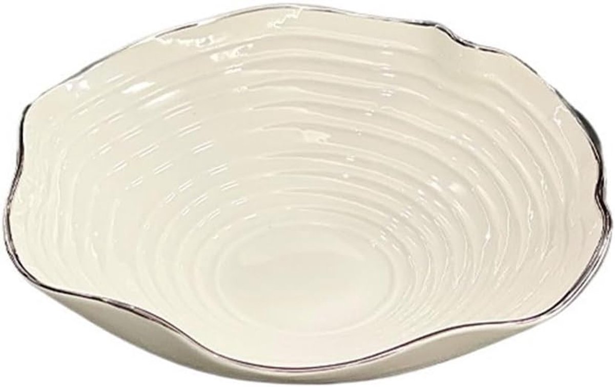 Fruitschaal Witte gegolfde fruitschaal van keramiek met zilveren rand en golfstructuur, decoratieve snackschaal(Groot)