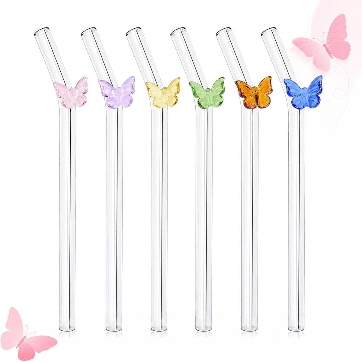 Herbruikbare glazen rietjes, vlinderdesign, milieuvriendelijk en duurzaam, met reinigingsborstels voor cocktails, smoothies, sap en koffie