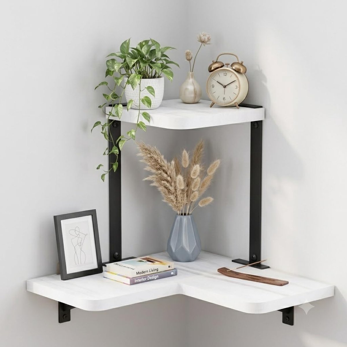 Hoekrek, hout, hangrek, wandplank, boekenplank, design, metaal, vintage, landhuisstijl, massief hout, paulownia, voor slaapkamer, woonkamer, hal, badkamer, wit