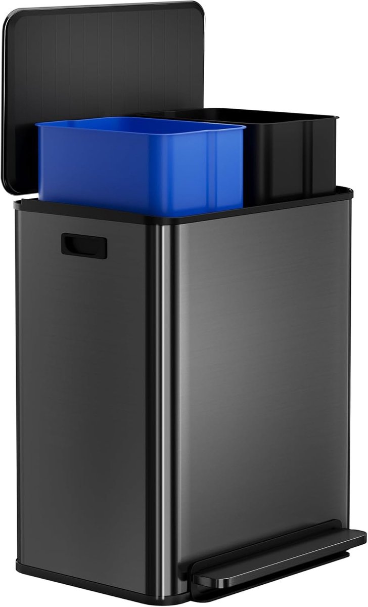 2 x 30 l vuilnisbak - 60 l vuilnisbak met twee compartimenten - Roestvrijstalen recyclingbak - Soft-close-deksel - Uitneembare binnenemmer - 67 × 48 × 37 cm - Zwart
