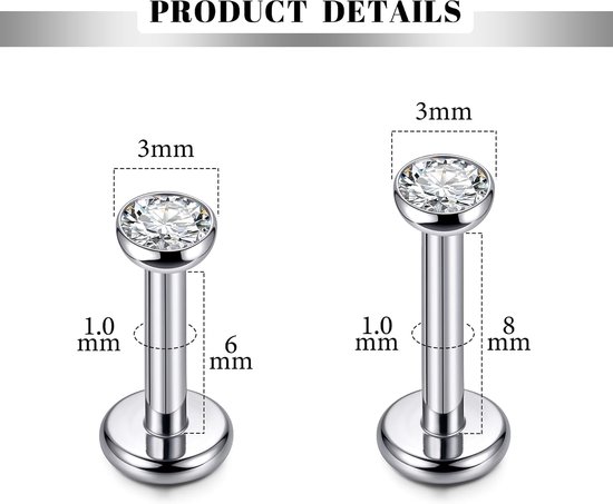 F136 labret piercing set van 2 ronde / ster zirkoon 16G 18G helix tragus oorstekers binnendraad met lange schroefdraad flatback kraakbeen lippiercing zilveren sieraden — afbeelding 5