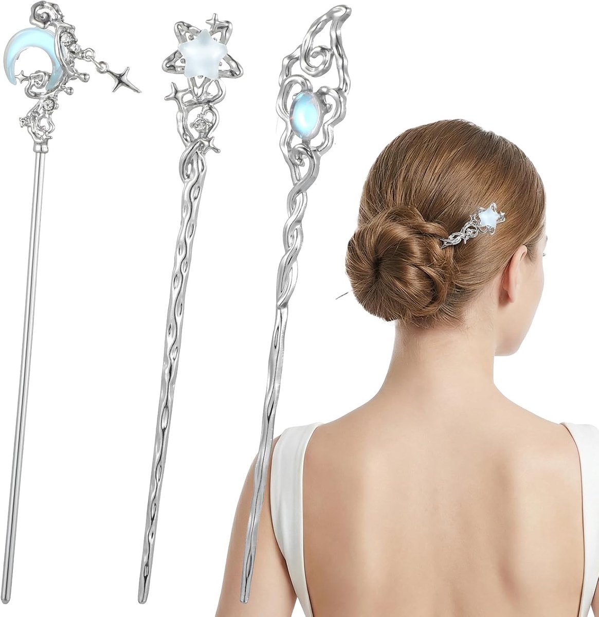 3 STKS Ster Maan Haarstick voor Broodjes Lange Haren, Vintage Aziatische Japanse Chinese Hanfu Chignon Haarspelden Eetstokjes Metalen Haren Bun Opgestoken Houders Haarspelden voor Vrouwen Meisjes