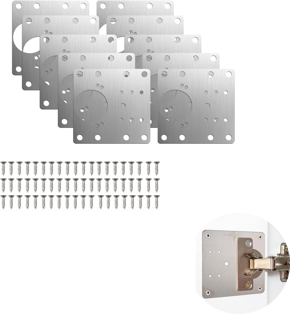 Scharnieren, 10 stuks, roestvrijstalen scharnieren, reparatieplaten voor kastdeur, keukenkast, scharnier, bevestigingsplaat met schroeven, roestvrije reparatieset voor