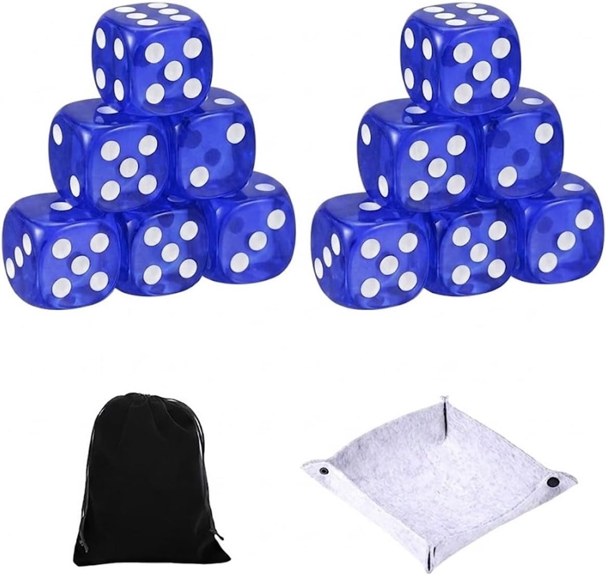 10 stuks transparante dobbelstenen 6-zijdig 14 mm met vilten dienblad van zwart fluweel voor bordspellen, dobbelstenen voor wiskundeonderwijs en feestjes (blauw)