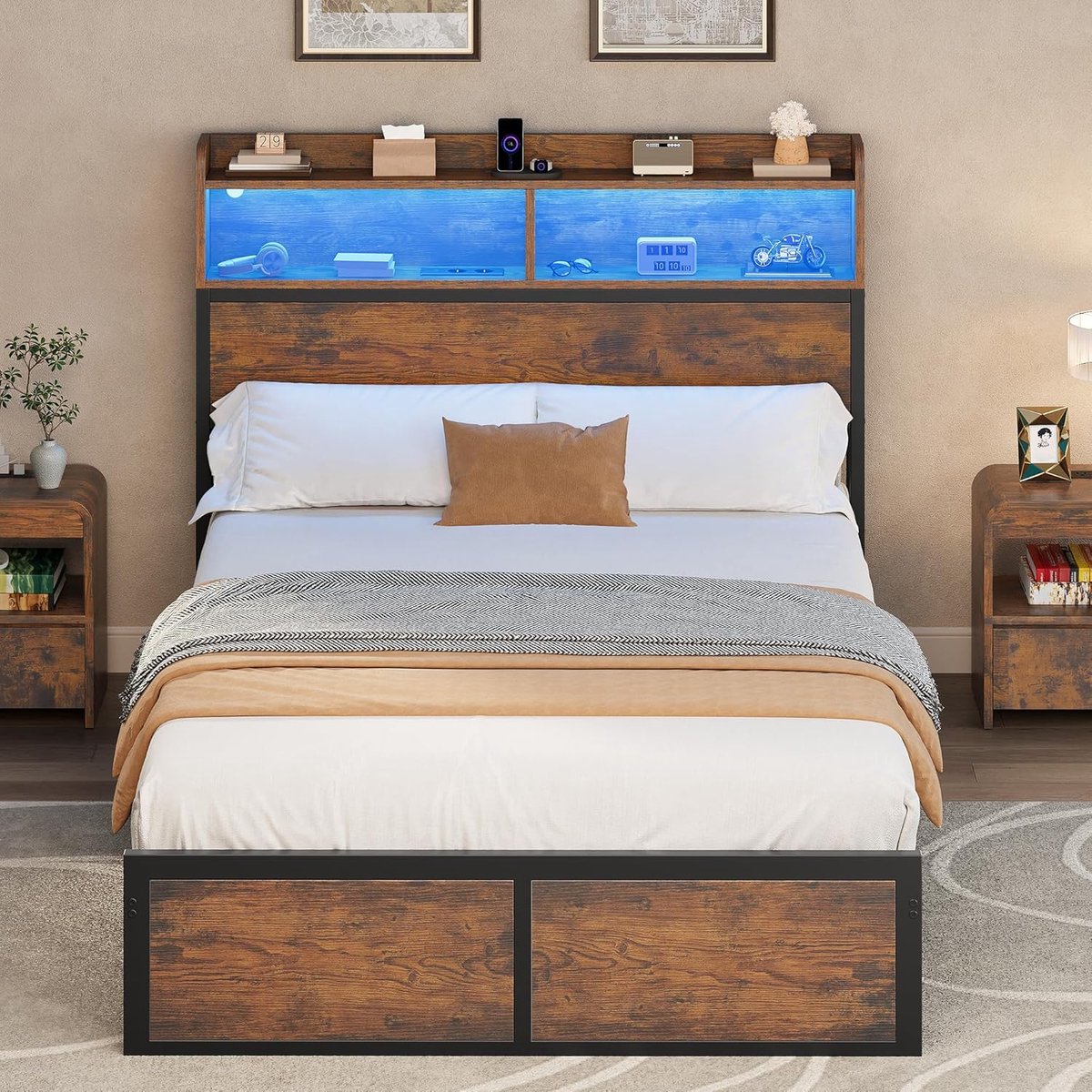 Bedframe met led, met hoofdeinde, USB-poorten en laaduitgangen, metalen platform, bedframe met 2 planken, geen matras nodig, bruin, 200 x 120 cm
