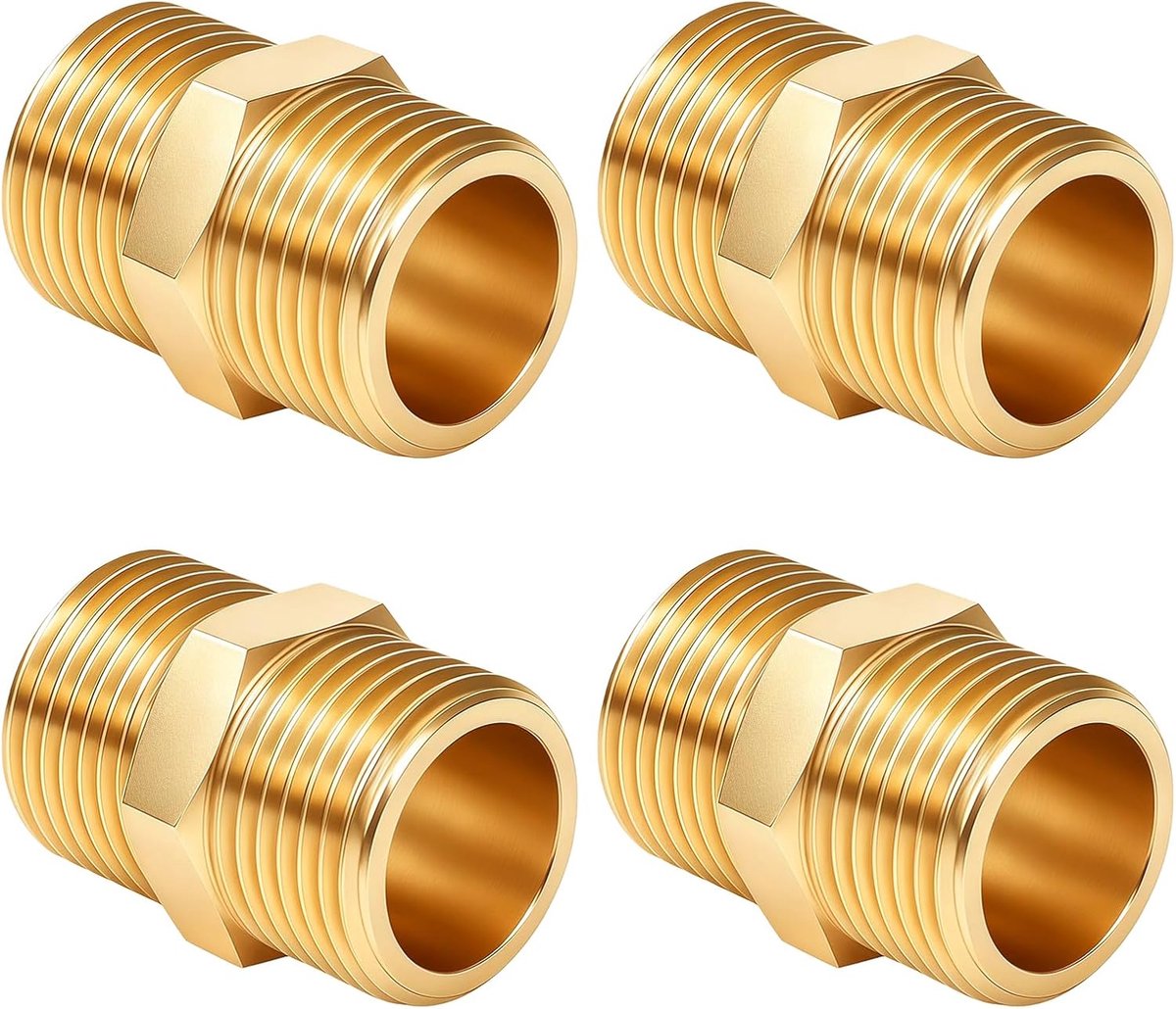 nippel G1/2" (Ø 20mm) met buitenschroefdraad, 4 stuks messing dubbele nippel - G1/2" AG/AG, dubbele nippel fitting voor DN15 buisleiding, geschikt voor drinkwater
