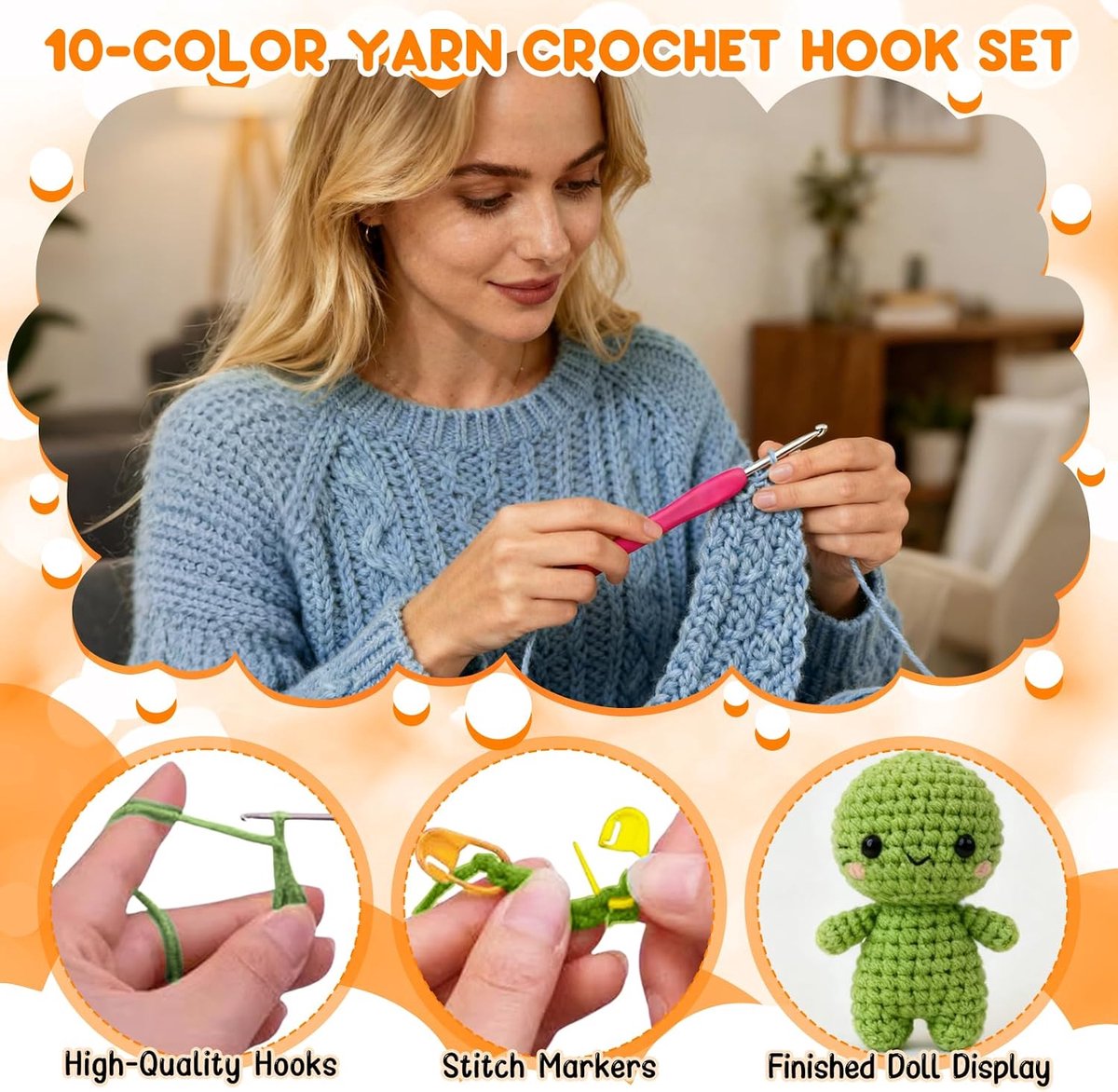 36 stuks haaknaaldenset, haakset voor beginners, 3 stuks haken, draagbare haaknaaldenset met 10 wol, tas, haakaccessoires, voor beginners en volwassenen, reishaakbenodigdheden (eenkleurig)