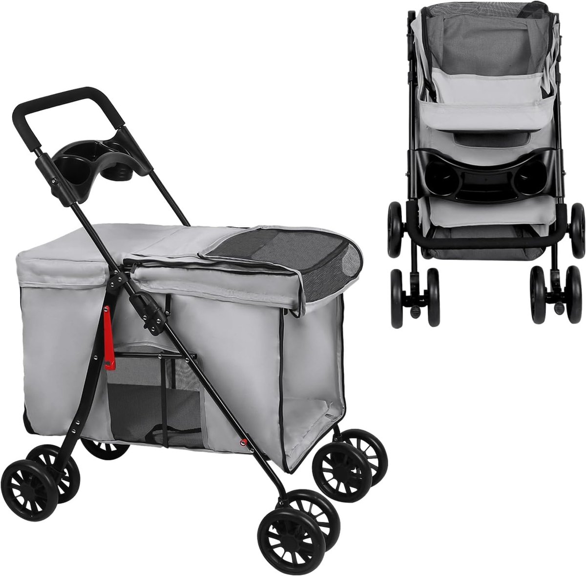 Opvouwbare hondenkinderwagen, kattenkinderwagen met netvenster, schouderbanden en bekerhouder, wandelwagen voor dieren met grote ruime wagen, tot 20 kg (grijs)