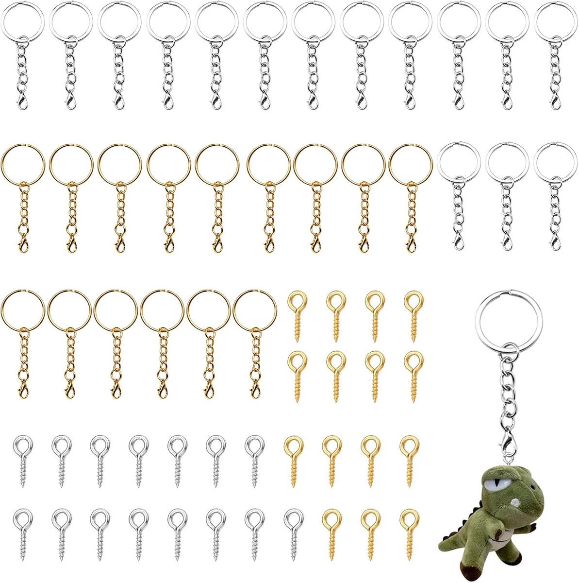 30 Sleutelhangers met Ketting en 30 Karabijnsluitingen, DIY Sleutelring Set in Goud en Zilver met Opbergdoos, 25 mm Metalen Sleutelhanger Onderdelen voor Knutselen Bedels Hangers en Sieraden