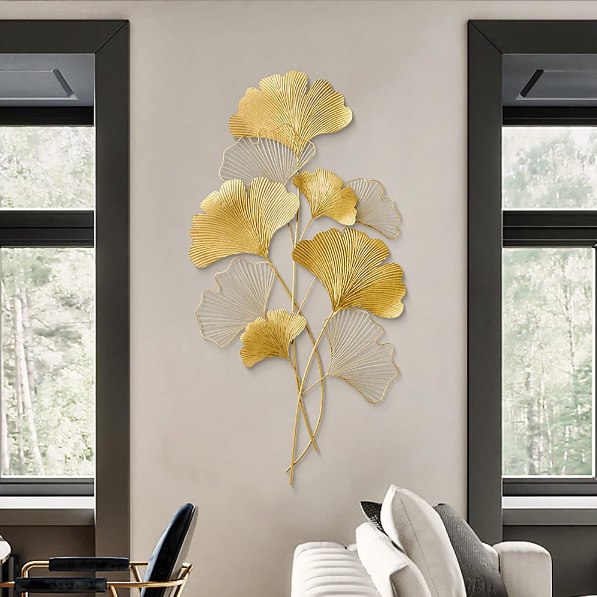 Wanddecoratie Ginkgo 3D muurschildering van metaal, wanddecoratie bladeren wandversiering wandsculpturen, achtergrond muur woonkamer decoratie, goud 110x55 cm