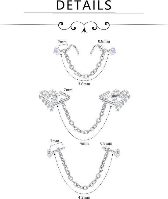 Studs met ketting RVS Neuspiercing Across Double Cz neuspiercing Nostril Piercing — afbeelding 2