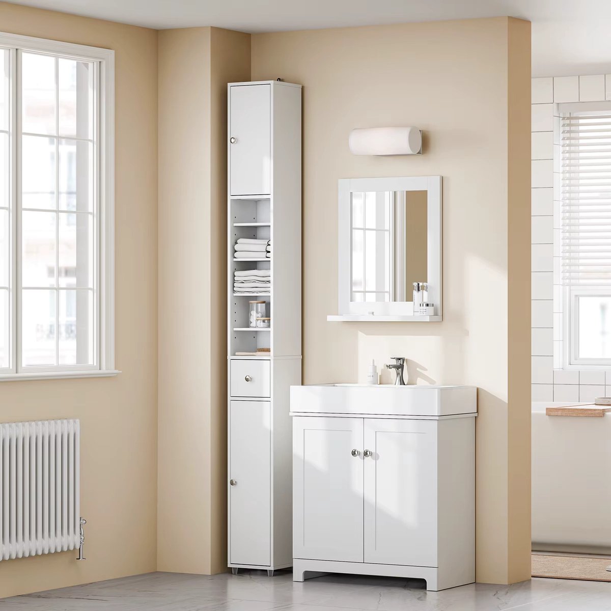 Archi Hoge Badkamerkast – Kolomkast - Smalle Badkamerzuil - 6 Verstelbare Planken – Vochtbestendig – 20 × 20 × 180 cm – Mat Wit