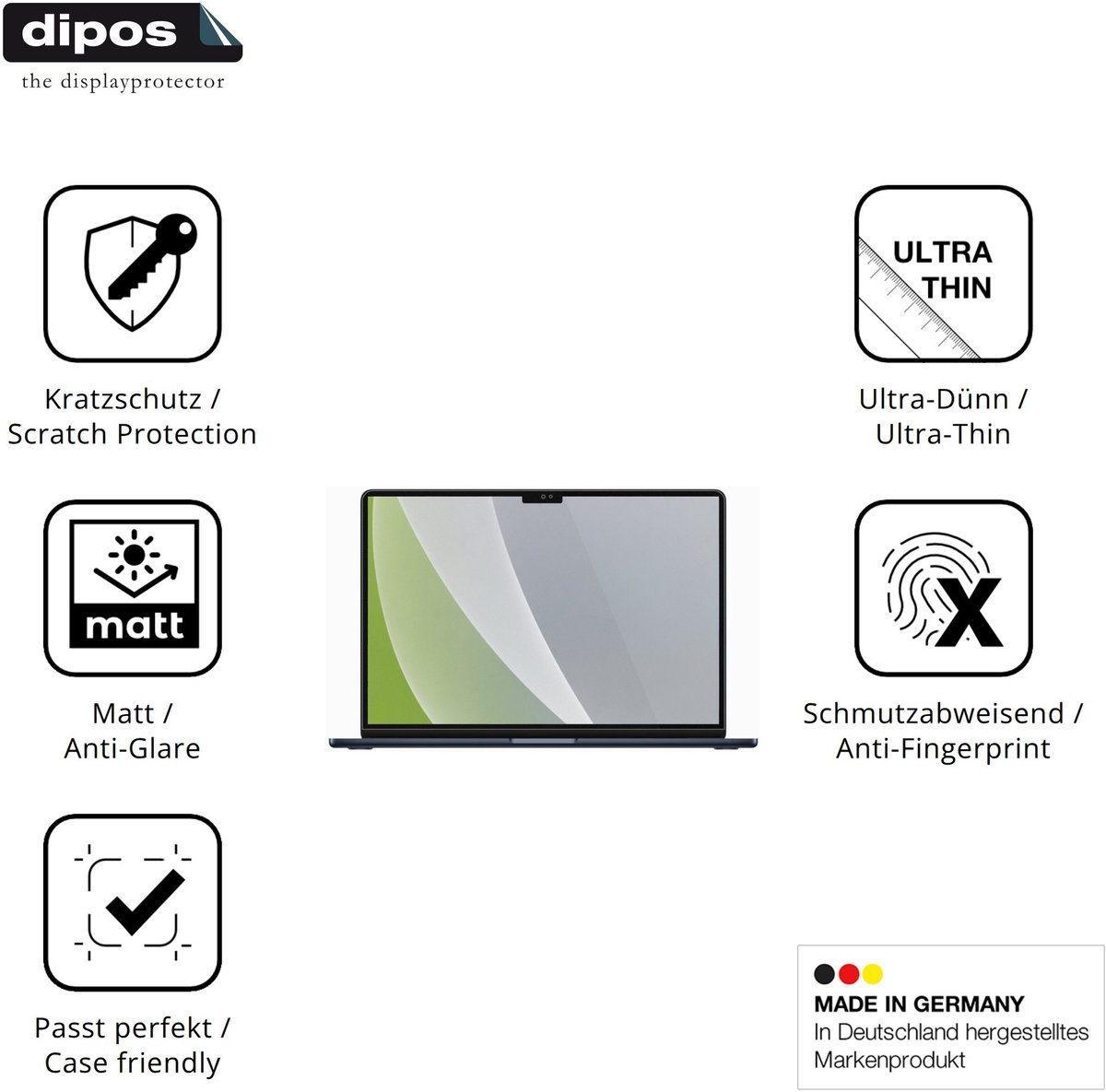 dipos – 2x Matte Beschermfolie geschikt voor Apple MacBook Air M2 15 Inch 2022 | Krasbestendige & antireflecterende Screenprotector Ultra-Thin