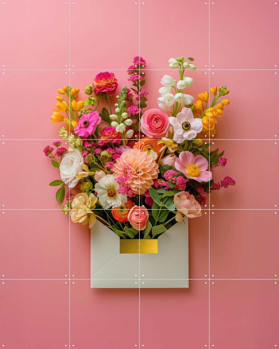 IXXI Pink Floral Still Life with Colorful Flowers in Gold Envelope, OTTI - 80 x 100 cm - Gratis ophangtool - Grote wanddecoratie en posters - Modern