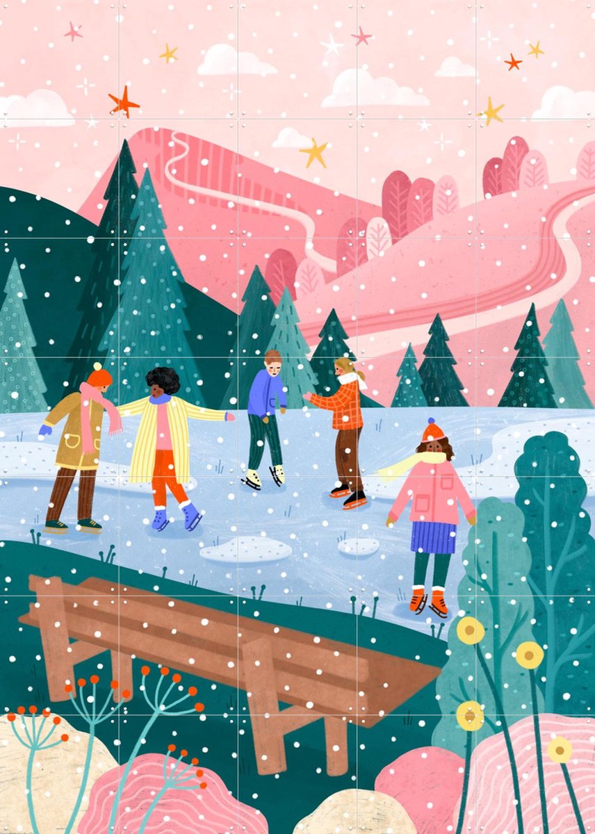 IXXI People Ice Skating, Bea Müller & Various - 100 x 140 cm - Gratis ophangtool - Grote wanddecoratie en posters - Cartoonesk, Illustraties