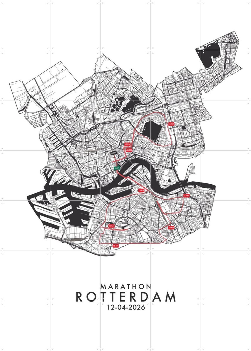 IXXI Marathon Rotterdam 2026, Kunst in Kaart - 100 x 140 cm - Gratis ophangtool - Grote wanddecoratie en posters - Line art, Trap, Gang, Kaarten