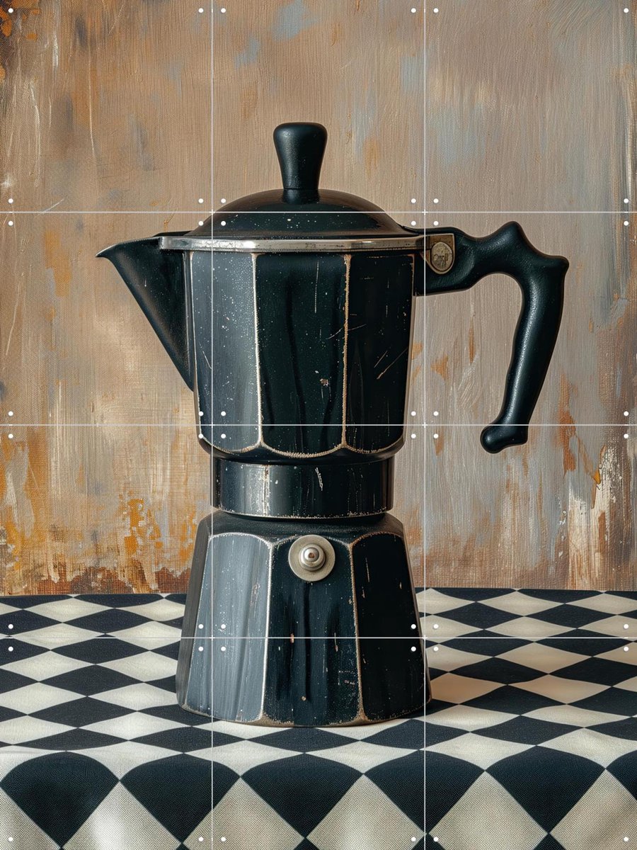 IXXI Zwarte Koffie Percolator op Geruit Tafelkleed, OTTI - 60 x 80 cm - Gratis ophangtool - Grote wanddecoratie en posters - Klassiek, Abstract