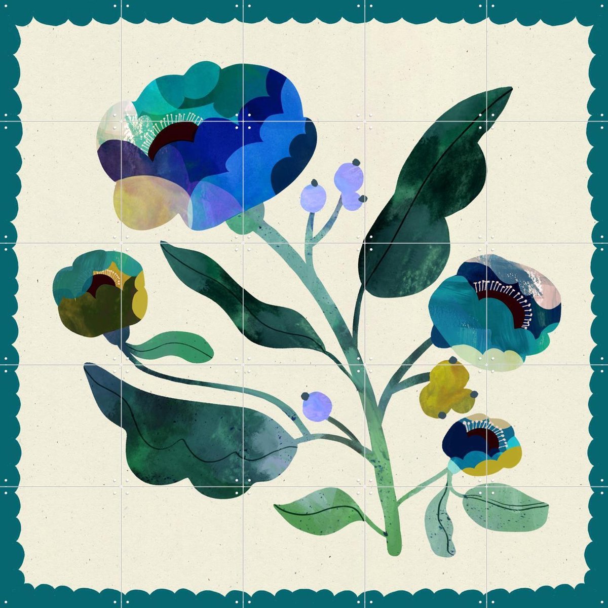 IXXI Deep Teal Flower, Lena Addink - 100 x 100 cm - Gratis ophangtool - Grote wanddecoratie en posters - Illustraties, Speels, Slaapkamer, Woonkamer