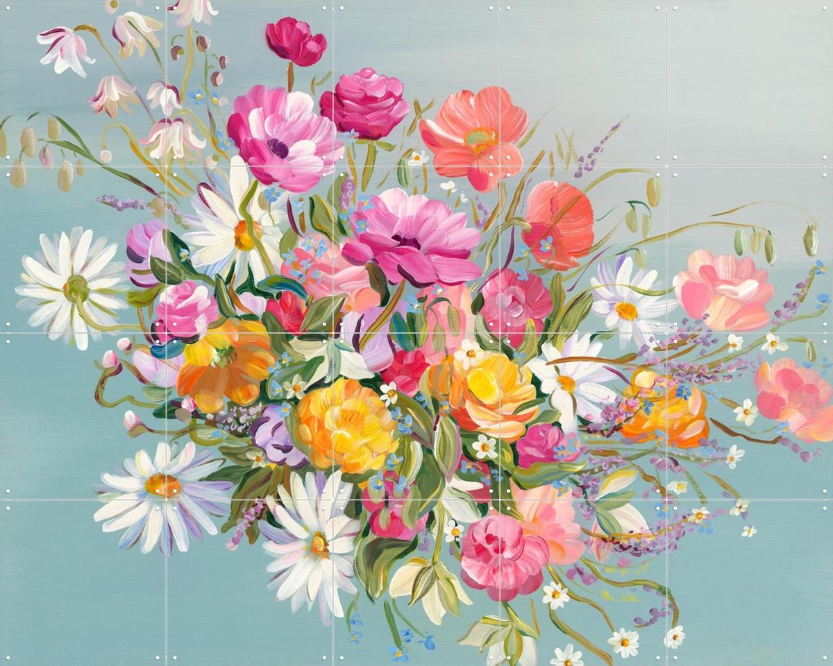 IXXI Blooms On Blue, Libby Chambers - 100 x 80 cm - Gratis ophangtool - Grote wanddecoratie en posters - Abstract, Modern, Speels, Kleurrijk