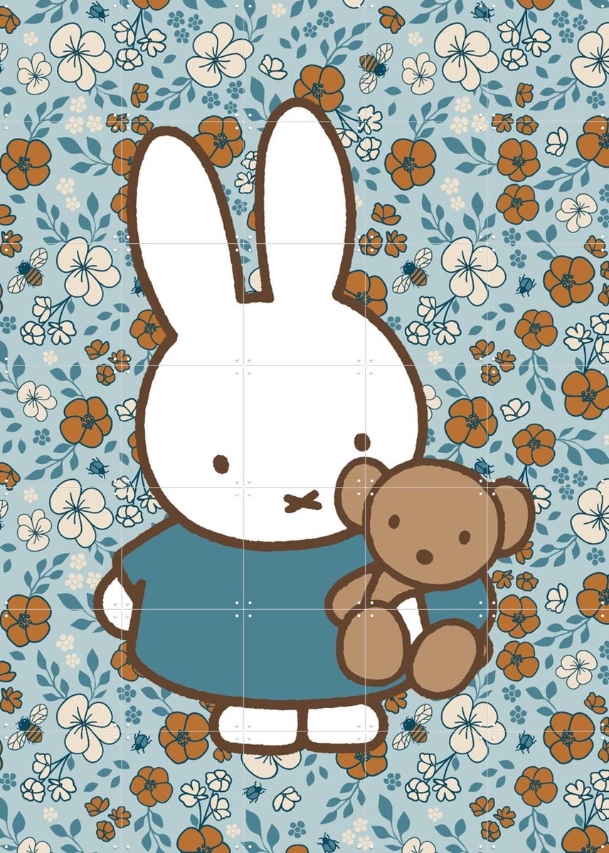 IXXI Nijntje met Beer Bloemenpatroon, Nijntje - 100 x 140 cm - Gratis ophangtool - Grote wanddecoratie en posters - Cartoonesk, Speels, Fantasierijk