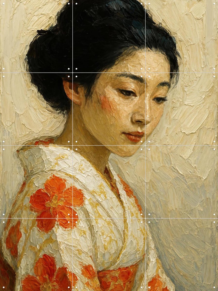 IXXI Japanse Vrouw in Kimono met Bloemen, Natalie Bruns - 60 x 80 cm - Gratis ophangtool - Grote wanddecoratie en posters - Klassiek, Realisme