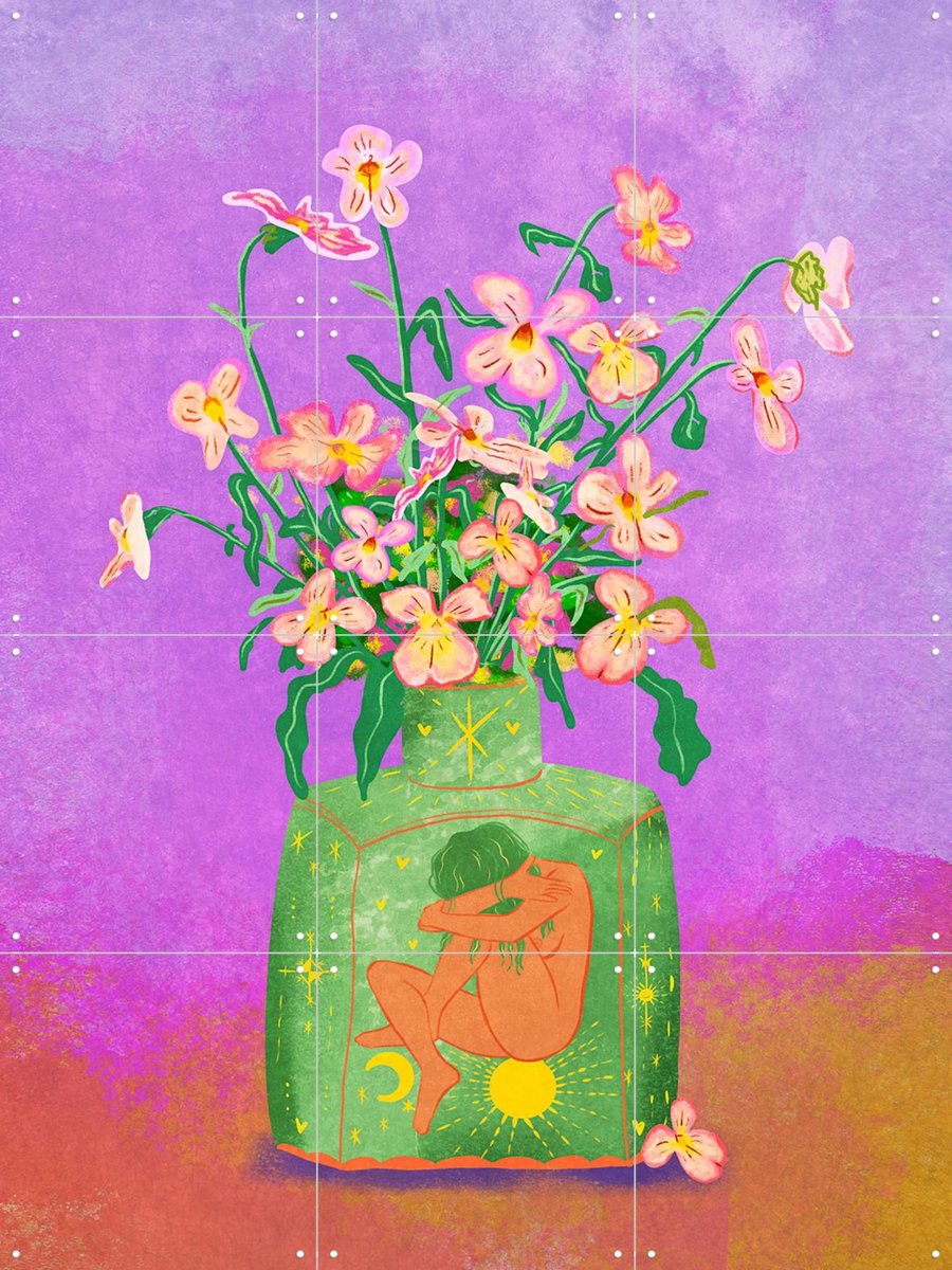 IXXI Pansies In A Vase, Raissa Oltmanns - 60 x 80 cm - Gratis ophangtool - Grote wanddecoratie en posters - Fantasierijk, Cartoonesk, Vintage