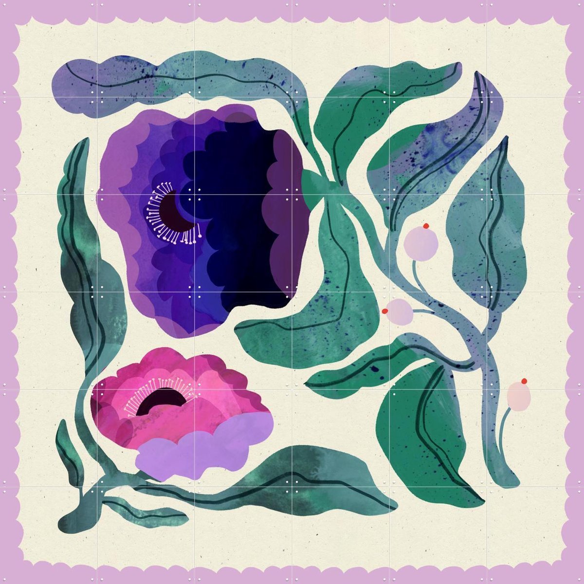 IXXI Lilac Blue Flower, Lena Addink - 120 x 120 cm - Gratis ophangtool - Grote wanddecoratie en posters - Fantasierijk, Speels, Illustraties