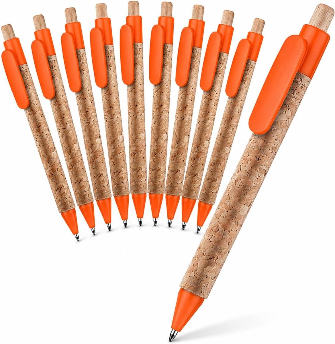 Balpennen van kurk, hout en kunststof kai, oranje, intrekbaar, clip en punt gekleurd, blauwe vulling, kantoor, school, onderweg, duurzaam