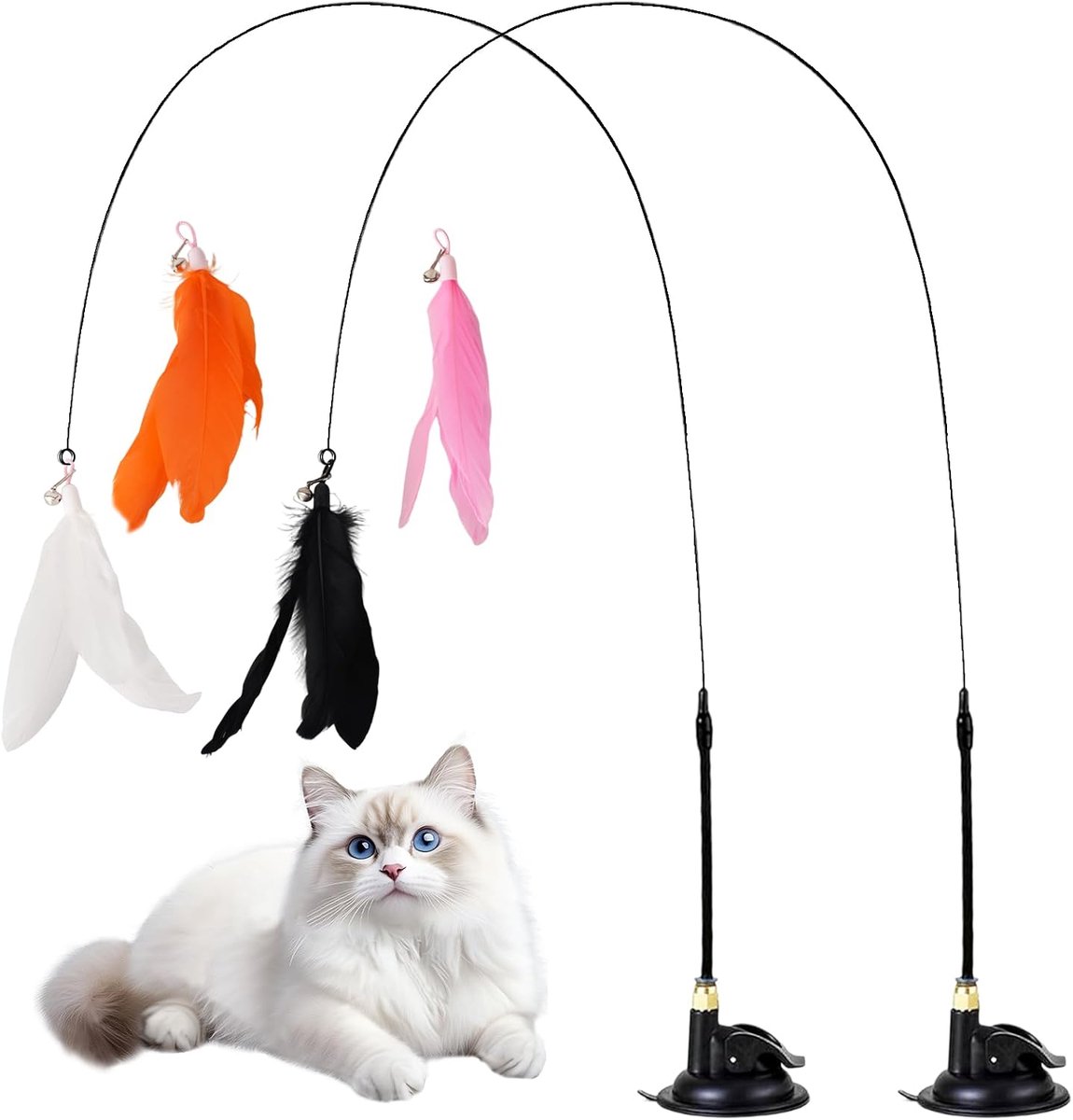 verpakking met 2 hengels voor katten met zuignappen, 4 veren en klokken, natuurlijk interactief speelgoed voor katten, hengels voor beweegbare en speelende kittens