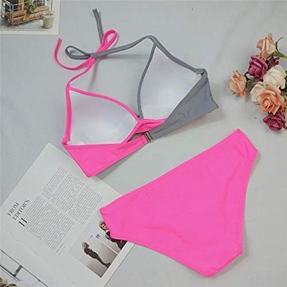 badpak voor dames, 2-delig, voor badkamer, meisjes, bikini, pasvorm, tweekleurig, bekleed – kleur roze-grijs - - X-Large