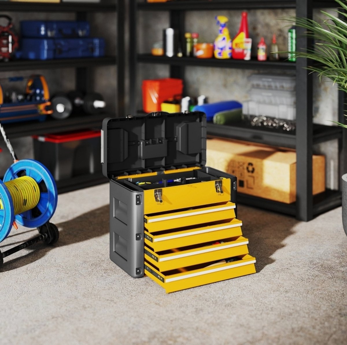 REDOM - Gereedschapskoffer - 4 lades met afneembaar top-tray - Stalen frame met kunststof onderdelen - Handgreep - Garage en werkplaats - Geel - 49,7 x 25,3 x 40,7 cm