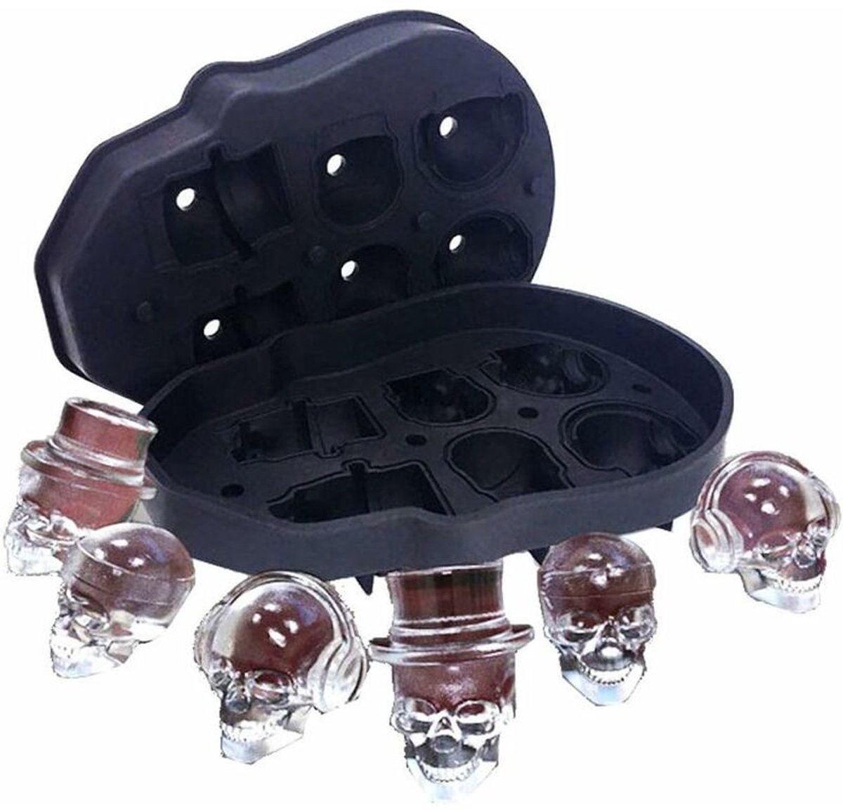 Siliconen ijsblokjesvorm in de vorm van een schedel, ijsblokjesmaker met deksel, geschikt voor whisky, cocktails, gelei, sap, chocoladedranken en andere dranken, zwart (6 schedels)