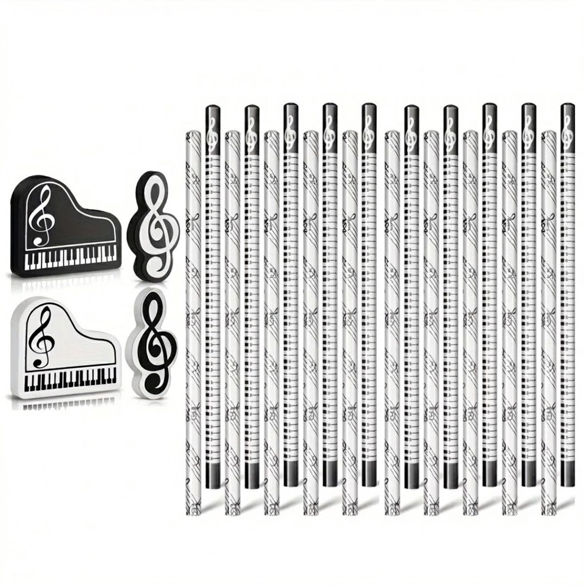 Zwart wit potloden set 24 stuks dames heren grafiet potloden met muziek thema pianotoetsen en muzieknoten inclusief gummen school teken schrijfgerei cadeau