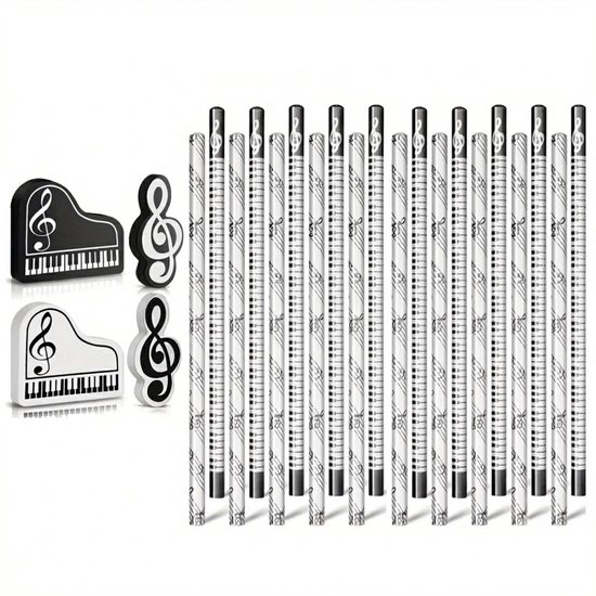 Set van 24 potloden met muzieknoten en pianotoetsen, gummen in de vorm van een piano en vioolsleutel.