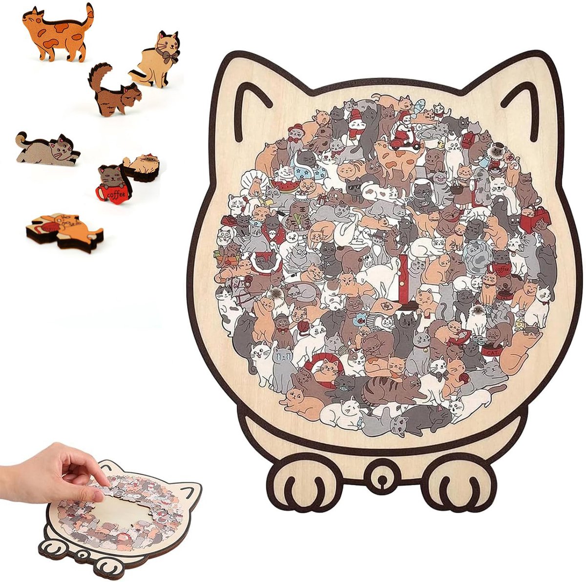 Houten puzzel in de vorm van een kat - Kleurrijke houten puzzel in de vorm van een kat - Houten puzzel in de vorm van een dier - Puzzel - Woondecoratie - Met standaard - Geschikt voor thuis, decoratie, cadeau, enz. - Geel
