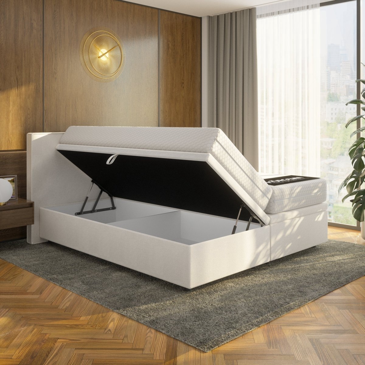 Mörgenn Opbergboxspring Havn - 900 Liter Opbergruimte - Crème - 140x210 cm - Zonder Matras - Inclusief Dekbed en Kussens Crème (SIC Austin 1)