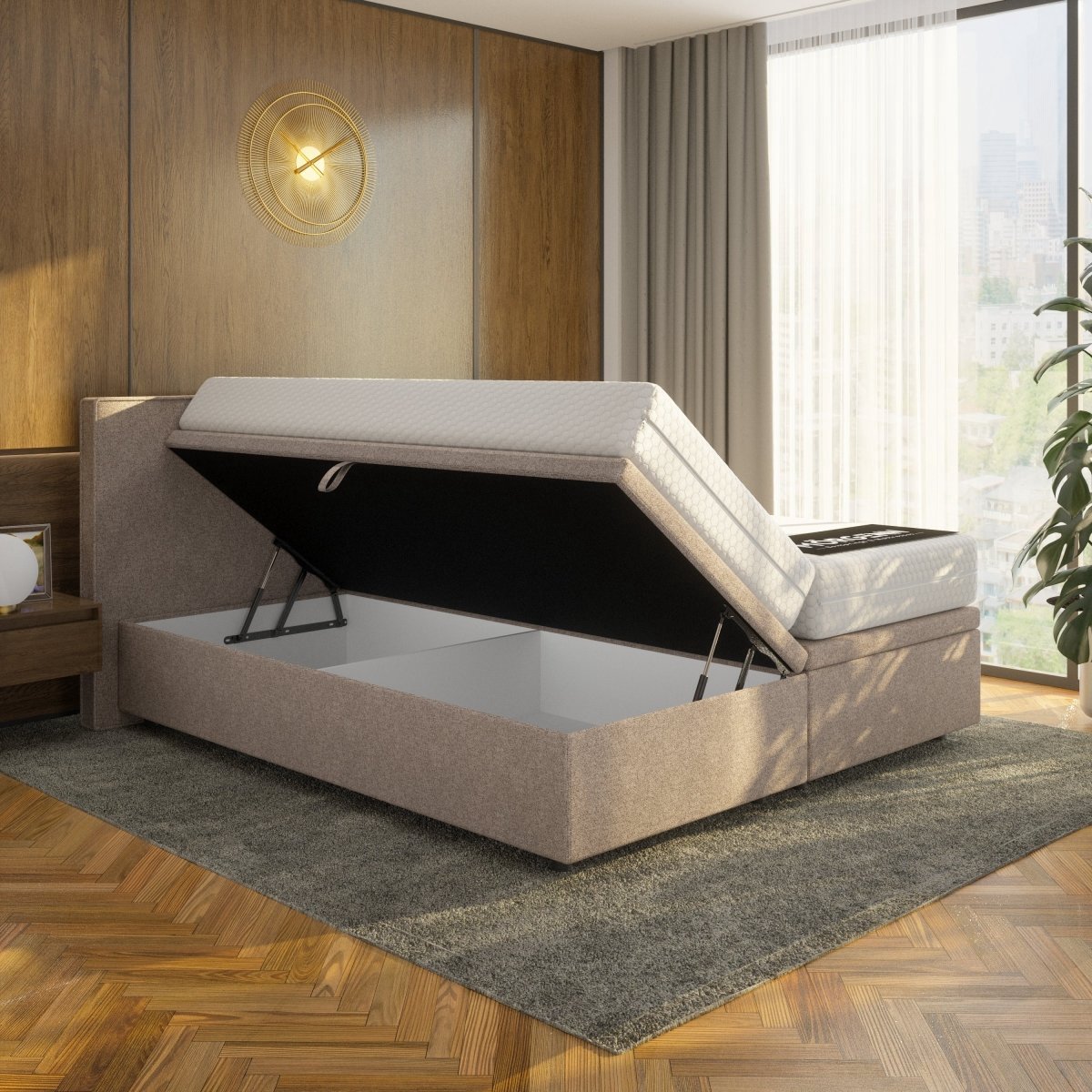 Mörgenn Opbergboxspring Havn - 900 Liter Opbergruimte - Zandbruin - 90x200 cm - Zonder Matras - Inclusief Dekbed en Kussens Zandbruin (SIC Austin 4)
