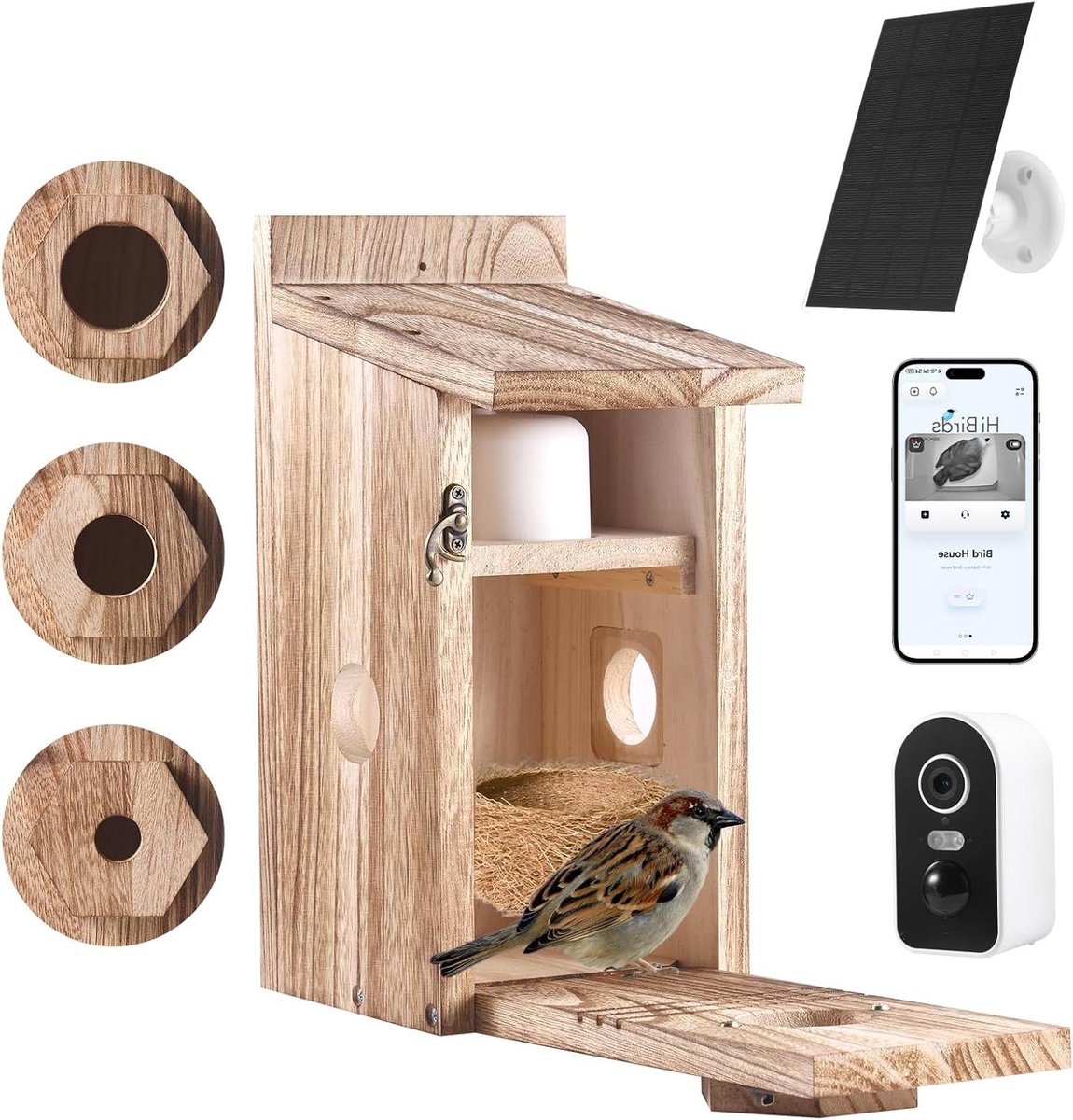 Vogelhuisje met Camera - Nestkast Vogelhuis - Natuur Observeren - 5MP Kleuren Nachtzicht - Werkt op Zonne-energie - Houtkleurig