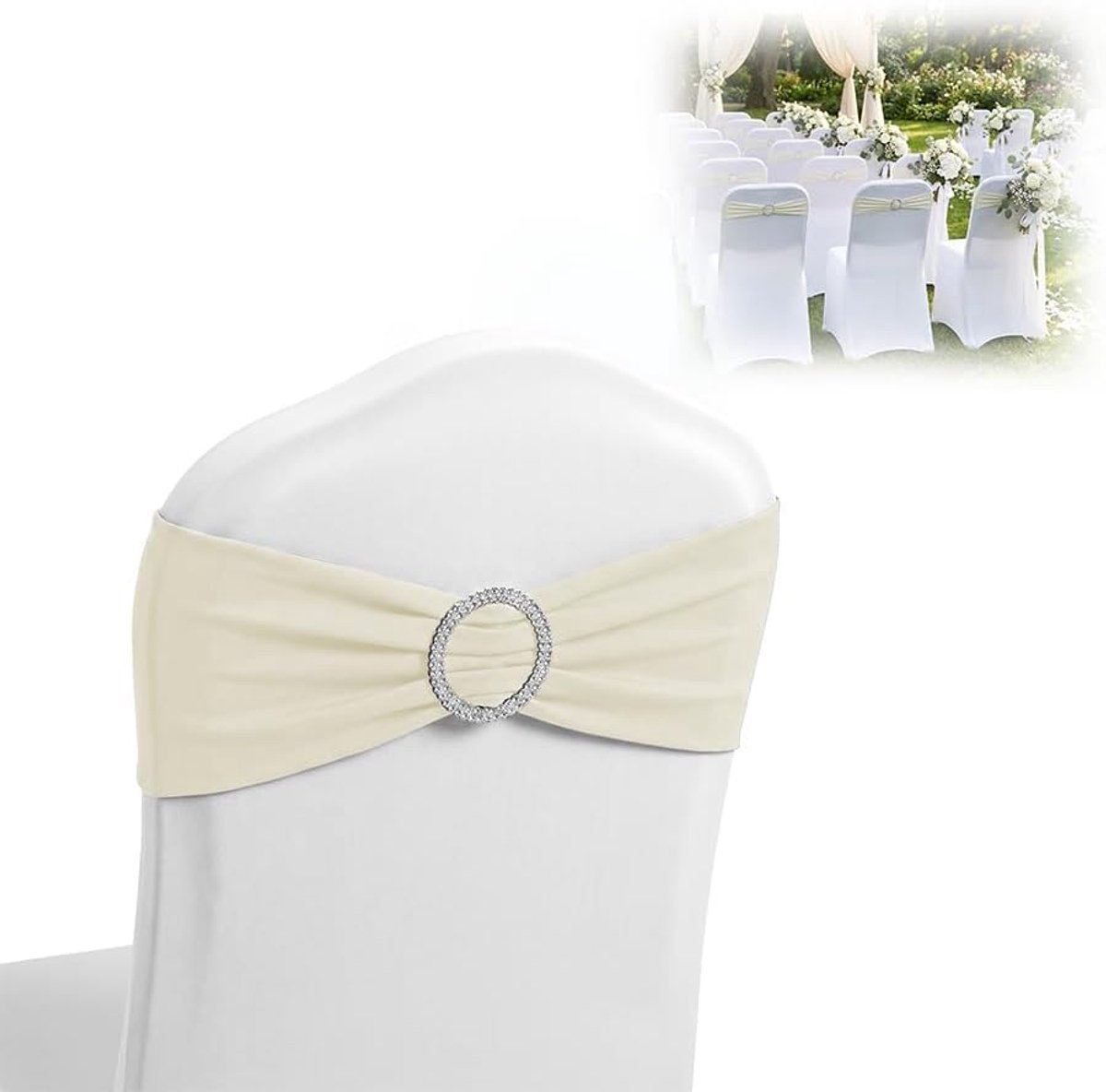 AUFUN 10 Stuks Elastische Stoelbanden Met Gesp En Strik – Beige – 14 x 34 cm (universele maat)– Geschikt Voor Bruiloften, Vieringen, Feesten, Hotels En Restaurants.