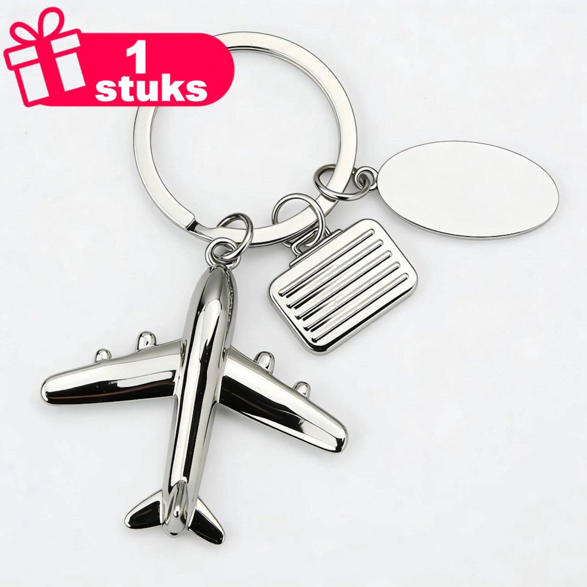 Decopatent - Premium Keychain - Vliegtuig Sleutelhanger - Met Kofferhanger en Naamlabel - Metalen Sleutelhanger - Reizen & Vakantie Accessoire - Zilverkleurig - Cadeau voor Reizigers