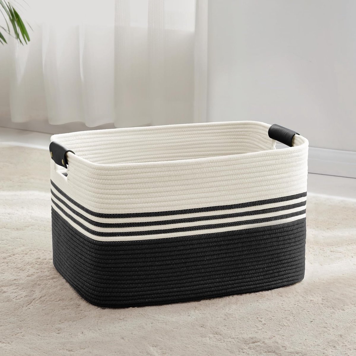 geweven wasmand van katoenkoord, 60L, opbergmand met leren handvatten, mand voor dekens, kleding, speelgoed, wasmand voor kinderkamer of woonkamer, 53x38x29 cm, wit en zwart