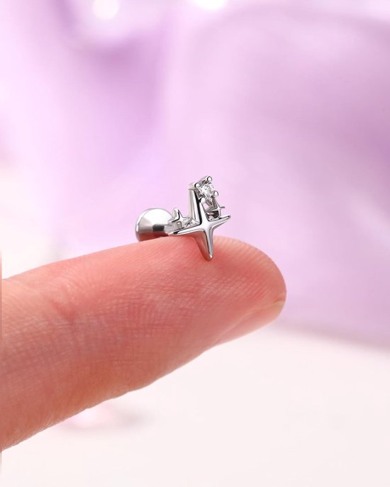 16G Star Labret Stud 316L chirurgisch staal platte achterkant oorbel CZ helix kraakbeen oorbel intern schroefdraad tragus piercing sieraden voor vrouwen mannen — afbeelding 5