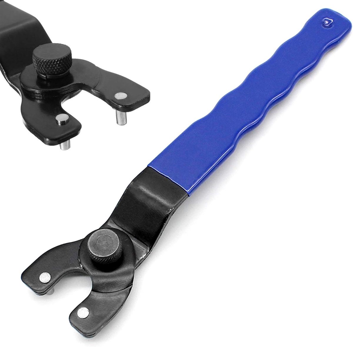 Verstelbare haakse slijper, moersleutel, 10-47 mm, kunststof handvat, 2-pins haakse slijper, sleutel, stiftsleutel, geschikt voor de meeste haakse slijpers, blauw, totale lengte 19 cm